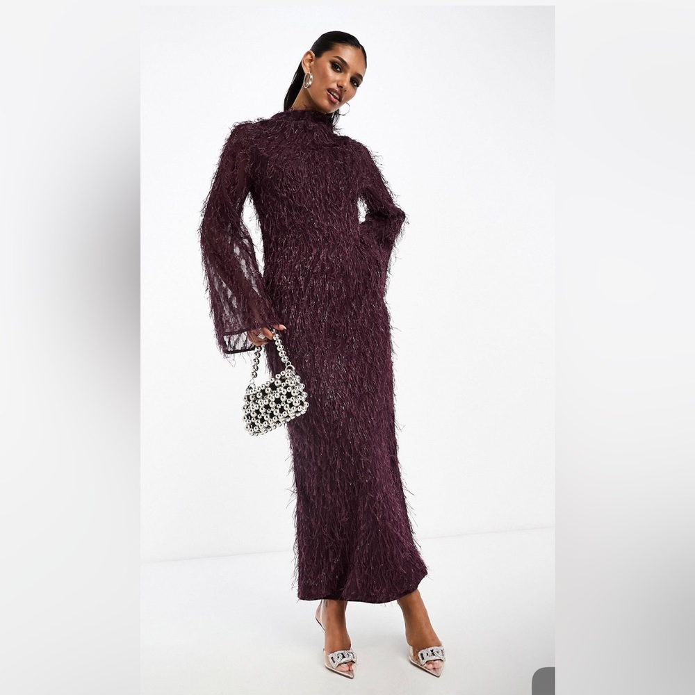 ASOS DESIGN cowl neck fluffy maxi dress in burgundy